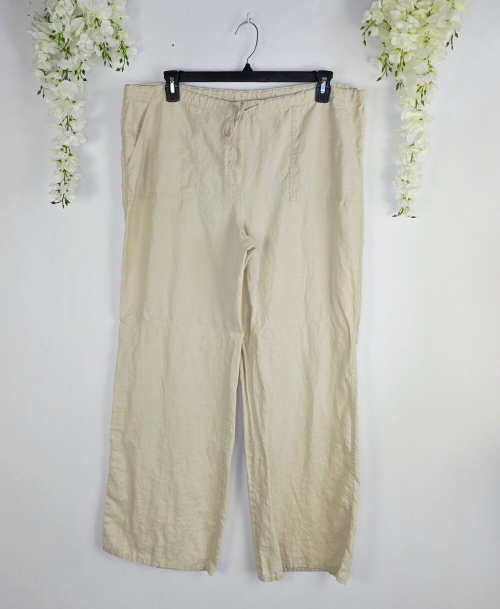 Moda International 100% Linen Pants Large Beige Drawstring Wide Leg Coastal